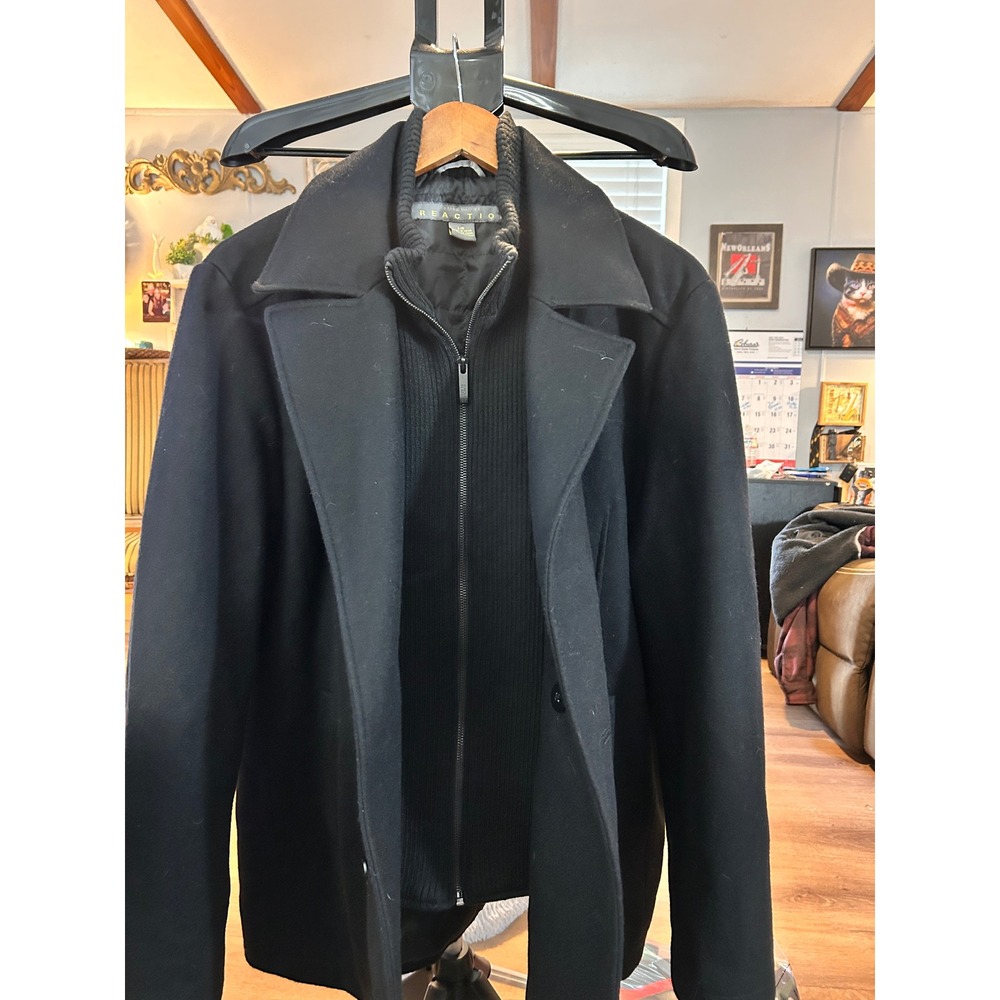 Kenneth Cole Reaction Mens Black Wool Blend Double Breasted Peacoat Size L G‎